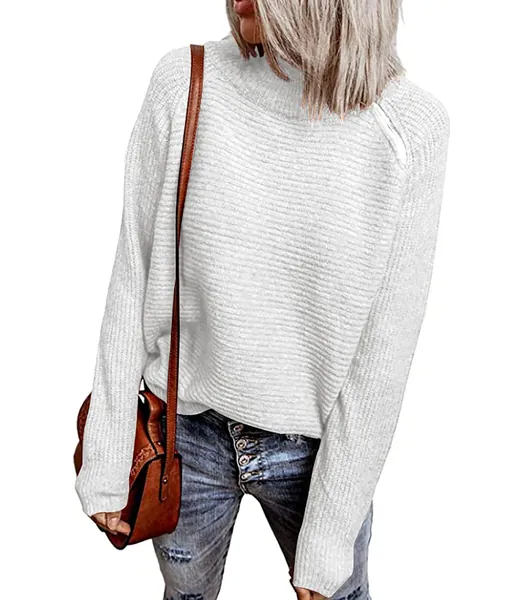 BTFBM Women Casual Long Sleeve Turtleneck Sweaters Oblique Quarter Zip Solid Color Cute Knit Ribbed Fall Winter Pullover - Solid White Small