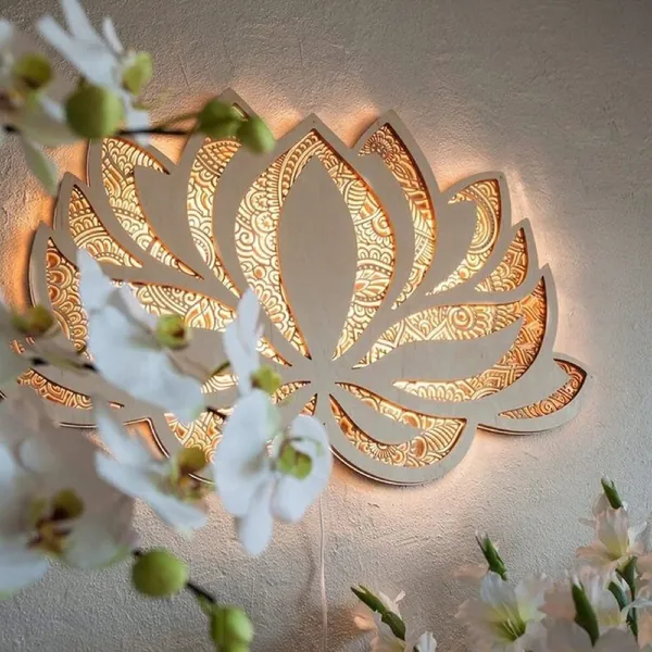 Glowing Lotus Wall Decor, Lotus Flower Mandala Yoga Room Art, Lotus Flower Sculpture with Led Light, Room Decor Abstract Flower, for Living Room Bedroom Wall Decor (Large) - Large