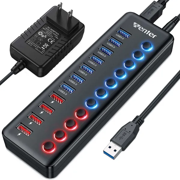 Powered USB 3.0 Hub, Wenter 11-Port USB Hub Splitter (7 Faster Data Transfer Ports+ 4 Smart Charging Ports) with Individual LED On/Off Switches, USB Hub 3.0 Powered with Power Adapter for Mac, PC