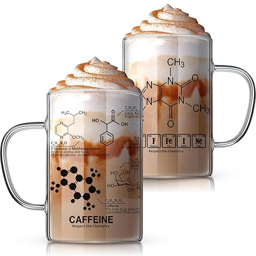 Layhit Chemistry Glasses, Caffeine Beaker Mug Thick Glass Mug for Coffee Borosilicate Glass Mug with Chemistry Molecules Graduated Chemistry Glassware with Handle 17 oz Pharmacy Science Gift (2 Pack) - 2