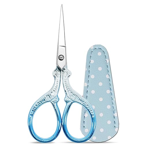 Hisuper Small Sewing Scissors 3.6Inch Scissors with Leather Scissors Cover Stainless Steel Sharp Shears Dressmaker Shears Scissors for Needlework DIY Craft Thread Cutting Multi Purpose - Silver Blue - 3.6 inch