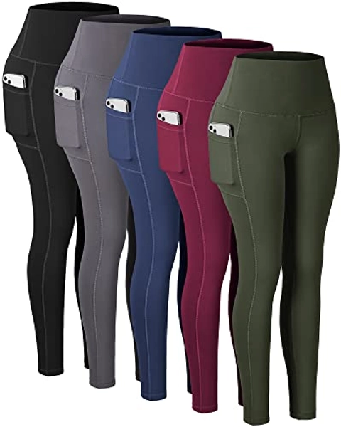 CHRLEISURE Leggings with Pockets for Women, High Waisted Tummy Control Workout Yoga Pants - Medium - 5 Packs - Black/Gray/Navy/Burgundy/Army Green