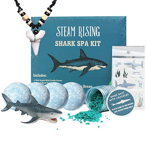 Shark Bath Toy Spa Kit: Organic Shark Bath Bombs w/Bath Crackles Inside, Vinyl Shark Toy, 2 Jars Bath Crackles, Tattoos, Shark Tooth Necklace | Boys Shark Birthday Gift | Safe Natural & Organic