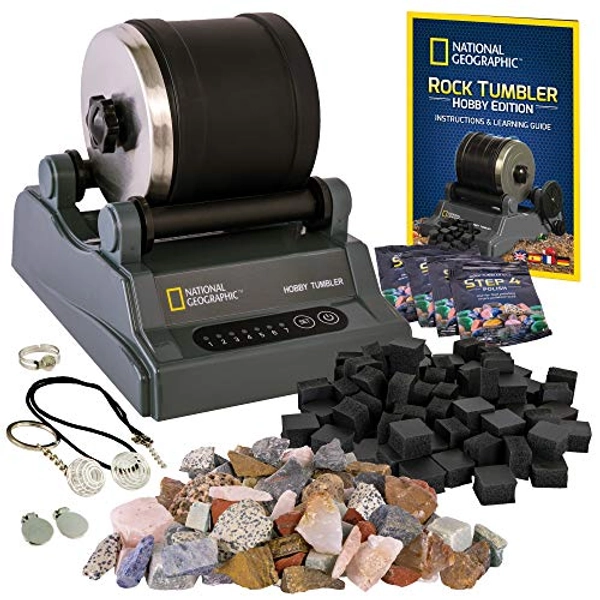 National Geographic Hobby Rock Tumbler Kit - Rock Polisher for Kids & Adults, Durable Noise-Reduced Barrel, Rocks, Grit & New GemFoam for a Shiny Finish, Cool Toys, Great STEM Hobby Kit - Hobby Kit 2
