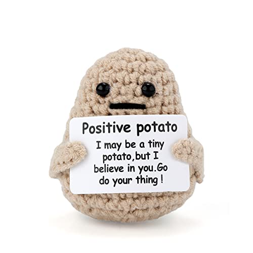 Mini Funny Positive Potato, 3 inch Knitted Potato Toy with Positive Card Creative Cute Wool Inspirational Potato Crochet Doll Cheer Up Gifts for Friends Party Valentine's Day Decoration Encouragement