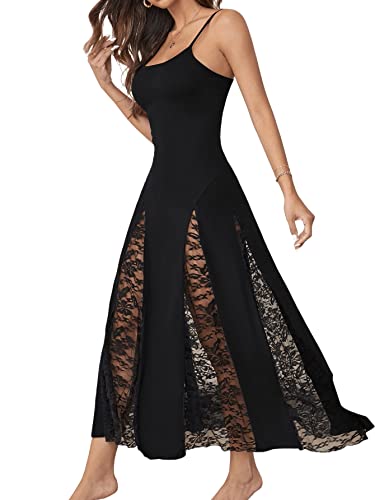 SweatyRocks Women's Contrast Lace Nightgown Spaghetti Strap Lace Insert Cami Sleepdress Nightwear - Large - Black