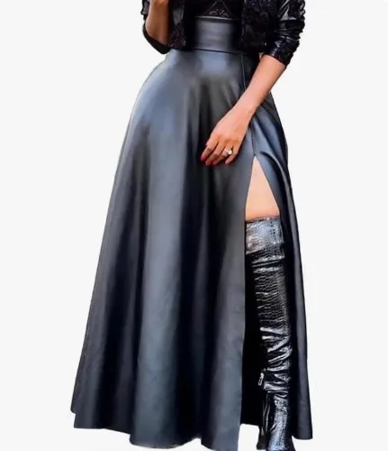 Lexiart Womens High Waisted Sexy Pu Leather Vintage High Split A-Line Swing Long Skirt with Pockets - Medium Black