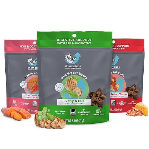 Shameless Pets Crunchy Cat Treats - Kitty Treats for Cats with Digestive Support, Natural Ingredients Kitten Treats with Real Ingredients, Healthy Flavored Feline Snacks - Variety Pack, 3-Pk - Variety Pack - 3 Count - 2.5 Ounce (Pack of 3)