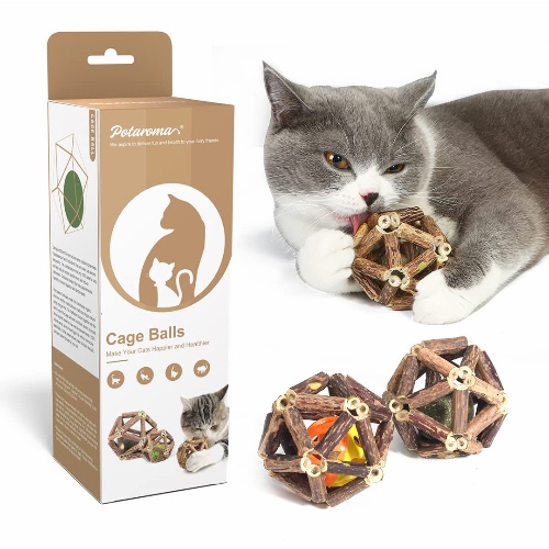 Potaroma Catnip Toys, 3Pcs Cat Toys Natural Silvervine Stick Cage Balls & Bell Ball for Indoor Cats, Kitten Cleaning Teeth Molar Tools Matatabi Cat Chew Toy - 3 Cage Balls (2.4")