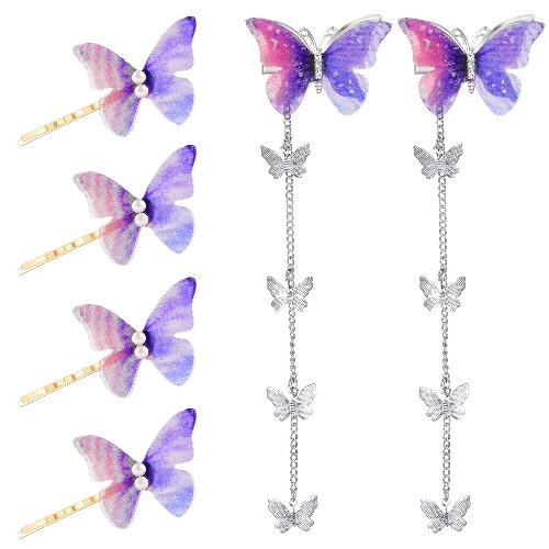 6 Pcs Purple Butterfly Hair Clips Moving Butterfly Hair Pins for Hair Purple Tassel Hair Barrettes Rhinestone Bobby Pins Decorative Purple Hair Accessories for Women Girls, 2 Styles