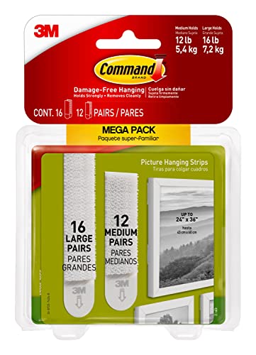 Command Medium and Large Picture Hanging Strips, Damage Free Hanging Picture Hangers, Wall Hanging Strips for Back to School Dorm Organization, White, 12 Medium Pairs and 16 Large Pairs - White - 28 Pairs Standard Packaging