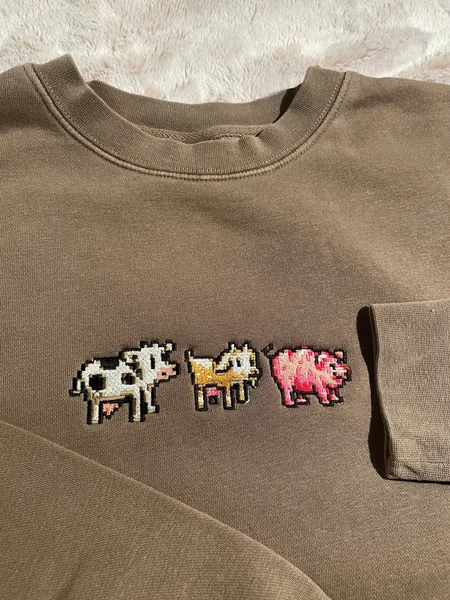 Cow, goat and pig Stardew valley farm animals embroidered crew neck