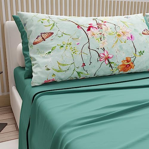 PETTI Artigiani Italiani - Lenzuola in Cotone con Federe in Stampa Digitale, Lenzuola Matrimoniali, Completo Letto Matrimoniale, Ottanio, 100% Made in Italy - Spring Acquamarina - Matrimoniale