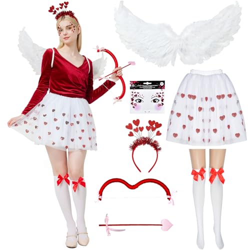 WELLCHY Costume da Cupido Donna, Cupido Arco e Freccia Set, Cerchietto a Cuore, Gonna Tulle, Cupido Calze, Costume Carnevale Donna per Adulto Carnevale, San Valentine, Halloween - S