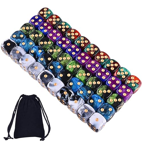 SIQUK 50 Pieces 6 Sided Game Dice Set 5 Two Tone Colors Dice with Gold Pips Round Corner Dice (Free Pouch) for Playing Games like Tenzi, Farkle, Yahtzee, Bunco or Teaching Math - Two Tone Round Corner