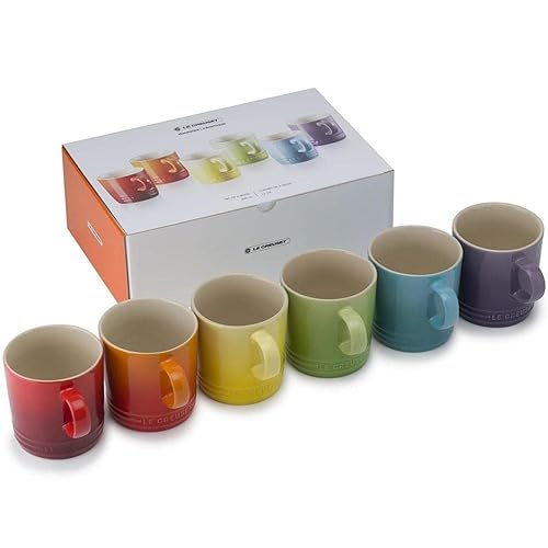 Le Creuset Stoneware Rainbow Coffee Mugs, 350 ml, Cerise, Volcanic, Teal, Ultra Violet, Soleil, Palm, 79114358359030 - Rainbow - 350 ml - Set of 6