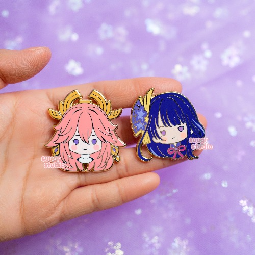Genshin Impact Raiden Shogun Baal & Yae Miko Hard Enamel Pin - Set of Both / [A Grade] / Simple Rubber Back