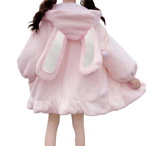 Women Cute Bunny Ear Long Sleeve Fuzzy Fluffy Rabbit Tops Sweatshirt Hoodie Jacket Coats - Small Pink