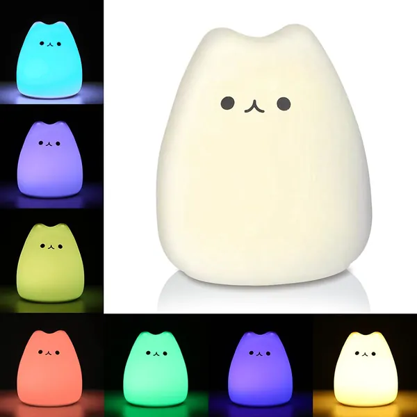 Litake LED Cat Night Light, Battery Powered Silicone Cute Cat Nursery Lights with Warm White and 7-Color Breathing Modes for Kids Baby Children (Mini Celebrity Cat) - 