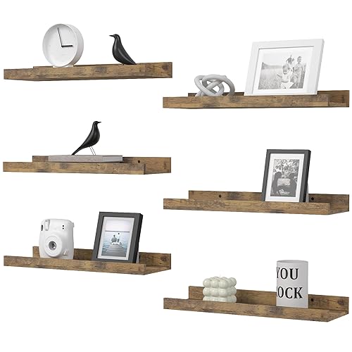 DOLLFIO Floating Shelves Set of 6, Farmhouse Wall Shelves with Lip, Display Shelves for Wall Decor, Rustic Picture Ledge for Living Room, Bedroom, Nursery, Bathroom, Pictures, Books, Plants- Brown - 6 - Rustic Brown