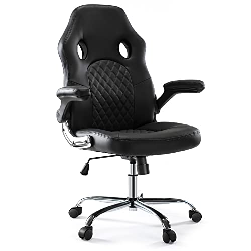 Gaming Chair - Ergonomic Office Chair Desk Chair with Flip-up Armrests and Lumbar Support PU Leather Executive Mid Back Computer Chair for Adults Black - Black