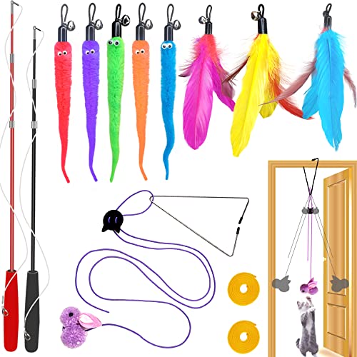 ZPH Cat Toys Interactive for Indoor Cats,2PCS Retractable Cat Wand Toys,9PCS Teaser Toys&1PCS Hanging Door Lure Cat Toy,Interactive Feather Toy for Teaser Play and Chase Exercise with Kitten - A