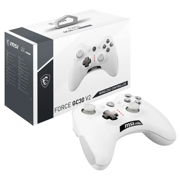MSI FORCE GC30 V2 WHITE Wireless PC Gamepad Controller - 2,4 GHz, 600mAh Li-ion Battery, Interchangeable D-Pad Covers, Dual Vibration Motors, USB 2.0 - Wired/Wireless