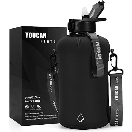 2.2L Half Gallon Water Bottles with Straw and Storage Sleeve -BPA Free Water Jug-Large Water Bottle-Big Water Bottle-Insulated Gym Water Bottle-Sports Water Bottles with Handle,2.2 Liter，Black - Black