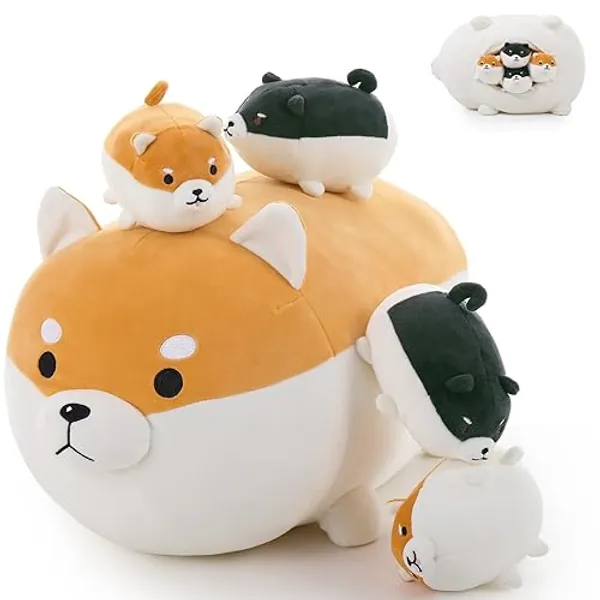 Karister Dog Stuffed Animals for Kids,Cute Shiba Inu Plush Toy Pillow 18" with 4 Babies,Corgi Stuffed Animal Plush for Girl or Boy on Christmas,Birthday,Akita,Shiba Inu Stuffed Animal,Corgi Plush Toy - Cute Dog