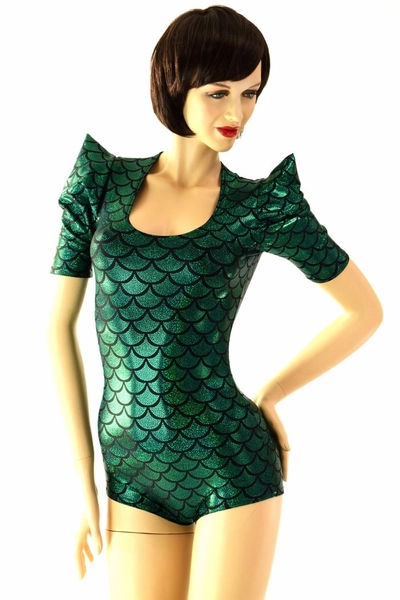 Green Mermaid or Dragon Scale Sharp Shoulder Romper with Boy Cut Leg Rave Clubwear -E7566