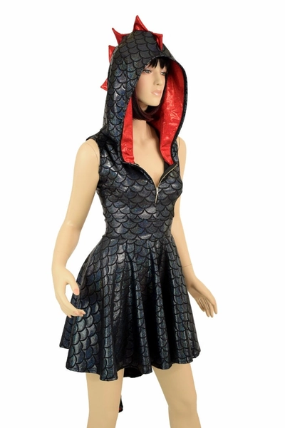 Black Dragon Scale Sleeveless Zipper Hoodie Skater Dress with Dragon Tail Hemline, Red Sparkly Jewel Spikes & Hood Liner - 155486
