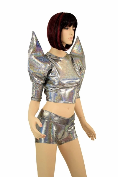 Mega Sharp Shoulder Half Sleeve Crew Neck Crop Top in Silver Holographic and Low Rise Shorts Set Festival Rave Clubwear - 155097
