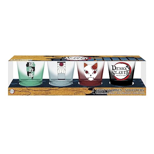 ABYSTYLE Demon Slayer Kimetsu No Yaiba Tanjiro Shot Glasses Tanjiro's haori, The Series Logo, Tanjiro's Warding Mask, and Tanjiro's Hanafuda Earrings Anime Manga Drinkware Gift 4 Pcs