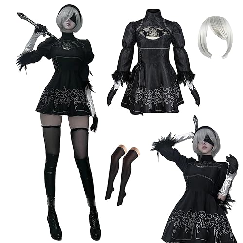 Anime Cosplay Woemn Costume Dress Sexy Outfit Suit for Halloween Party Set - Black+wig - X-Large