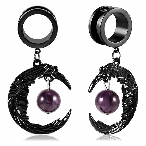 Maxbott 2PCS Hypoallergenic Stainless Steel Elegant Moon Dangle Gauges Ear Plugs Hangers for Stretched Ears Tunnels Pair Selling 2g 0g Body Jewelry - 10mm(00G) - Black