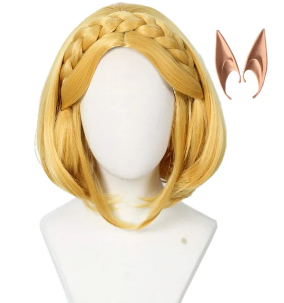 Linfairy Short Blonde Bob Wig Halloween Cosplay Wigs with 2 Elf Ear - short wig