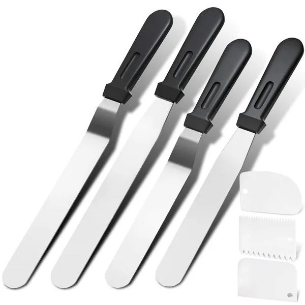 Icing Spatula, Forc 7 Packs Stainless Steel PP Plastic Handle Lightweight Flexible Non-Slip, Angled Spatula for Cake Decorating Offset Spatula Set with 6" 8" Blade, Frosting Spatula for Baking - White