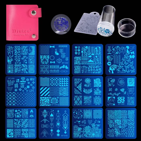 Biutee Nail Stamping Plates Set 12pcs Nail Plates 1stamper 1scraper 1storage bag Nail plate Template Image Plate Stencil Nails Tool (C) - 14 Piece Set