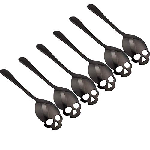 304 Stainless Steel Sugar Skull Tea Spoons Coffee Stirring Slotted Metal Spoon Set -Black 6 Pack - black spoons