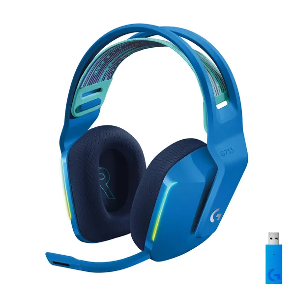Logitech G733 LIGHTSPEED Wireless Gaming Headset with suspension headband, LIGHTSYNC RGB, Blue VO!CE mic technology and PRO-G audio drivers - Blue - 