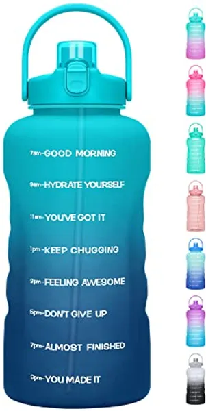 Gallon Water Bottles with Straw, 128 oz / 3.8L Water Bottle BPA Free Innovative 2-IN-1 Lid Sports Bottle with Times to Drink Motivational, Large for Sports Fitness Gym Camping Water Jug 1 gallon - 128OZ Azure Crystal