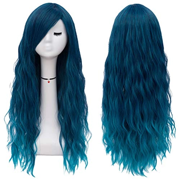 Mildiso Blue Wigs for Women 26" Long Blue Wig with Bangs Curly Wavy Natural Cute Soft Wig with Wig Net M062B - Blue