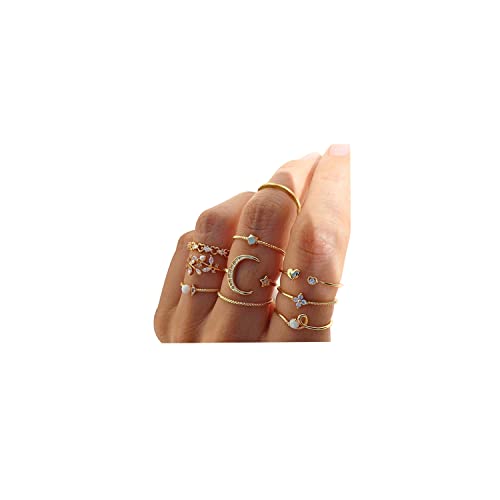Boho Rings for Women Teen Girls,Vintage Gold Knuckle Ring Sets Stackable Star Moon Heart Leaf Mid Finger Rings
