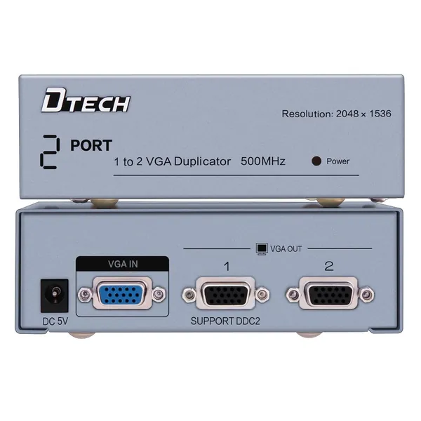 DTECH Powered 2-Port VGA Splitter Box 1 in 2 Out Video Distribution Duplicator High Resolution 1080p 500 MHz Signal Copy with Power Adapter