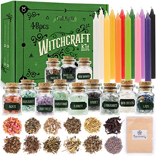 Witchcraft Supplies Kit – Beginner Witch Spells Starter Kit Crystals Jars Dried Herbs and Colored Candles for Witches Pagan Altar Decor - Wiccan Supplies and Tools Box Witchy Gifts Stuff