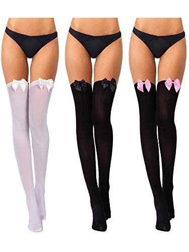 3 Pairs Women Thigh High Socks with Bow Knee Thigh Highs Stockings for Women Girls Dress Daily Summer Favors - Medium - Black With Black Bow, Black With Pink Bow, White With White Bow