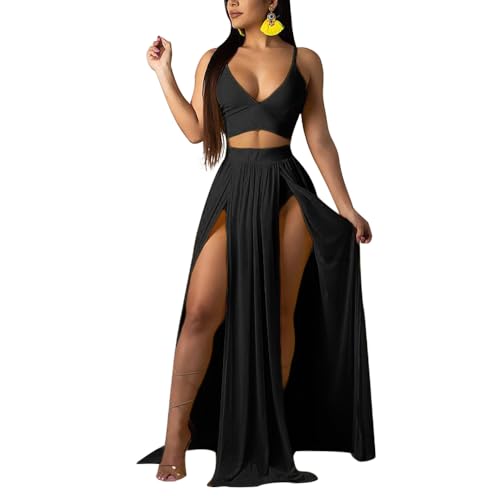 Women Sexy 2 Piece Outfits Dress Chiffon Strap Deep V Neck Bra Crop Top High Split Maxi Dresses Skirt Set - Large - Black