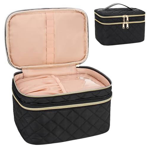 Relavel Makeup Bag, Large Capacity Makeup Organizer Travel Cosmetic Bag for Women, Dual Layer Makeup Brush Holder Case Toiletry Storage with Dividers, Portable Black Makeup Case for Accessories - Large - Black 1