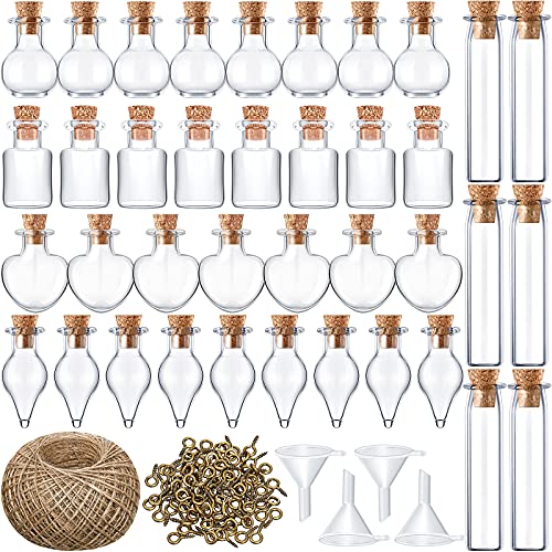 Geiserailie 50 Pieces Small Tiny Glass Spell Jars Bottle with Cork Stopper Mini Wishing Bottles with Eye Screws Funnel and Rope Cork Clear Glass Bottle for DIY Crafts Bead - Mixed Style