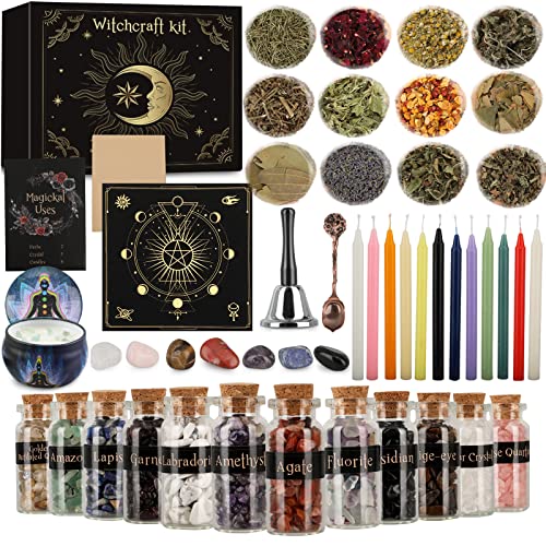 Witchcraft Supplies and Tools Kit, 60 PCS, Include Dried Herb, Crystal Jars, Colored Candles, Witch Bell, Parchment, Witchy Gifts, Witch Starter Kit Altar Supplies Pagan Decor Rituals, Rose Scent